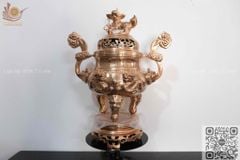 Bộ Ngũ Sự Bằng Đồng Đỏ Song Long Chầu Nguyệt Cao 60 Cm + Đôi Đèn Cao 43cm