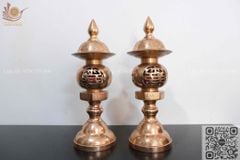 Bộ Ngũ Sự Bằng Đồng Đỏ Song Long Chầu Nguyệt Cao 60 Cm + Đôi Đèn Cao 43cm