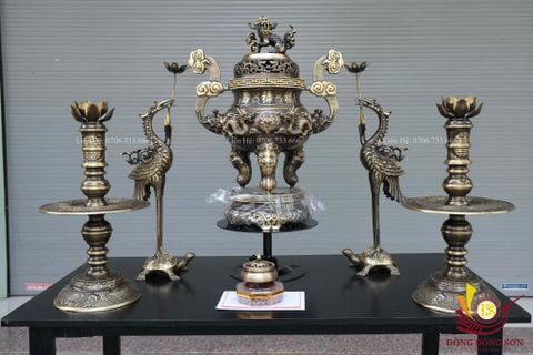 Bộ Ngũ Sự Bằng Đồng Vàng Song Long Chầu Nguyệt Cao 65 Cm- màu 2CN