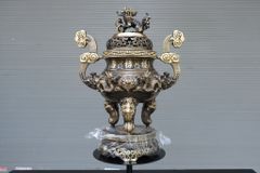 Bộ Ngũ Sự Bằng Đồng Vàng Song Long Chầu Nguyệt Màu Hai Công Nghệ Cao 60 Cm+Ngai Chén + Bộ Ba Đài