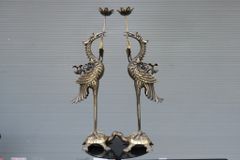 Bộ Ngũ Sự Bằng Đồng Vàng Song Long Chầu Nguyệt Màu Hai Công Nghệ Cao 60 Cm+ Đèn Cao 43cm