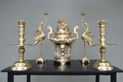 Bộ Đỉnh Đồng Ngũ Sự Đồng Cát Tút Hoa Sòi Cao 50 Cm