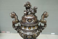 Bộ Đỉnh Đồng Ngũ Sự Đồng Đỏ Khảm Ngũ Sắc Song Long Chầu Nguyệt Cao 60 Cm + Bát hương 18