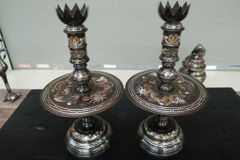 Bộ Ngũ Sự Bằng Đồng Đỏ Khảm Ngũ Sắc Song Long Chầu Nguyệt Cao 60 Cm + Ngai 5 chén