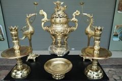 Bộ Đỉnh Đồng Ngũ Sự Đồng Cát Tút Song Long Chầu Nguyệt Cao 70 Catut + Mâm Bồng 35 Catut