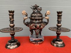 Bộ Đỉnh Đồng Ngũ Sự Đồng Đỏ Phớt Nỉ Nguyên Khối Song Long Chầu Nguyệt Cao 60 Cm