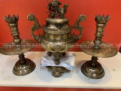 Bộ Ngũ Sự Bằng Đồng Đỏ Khảm Tam Khí Vàng Song Long Chầu Nguyệt Cao 60 Cm