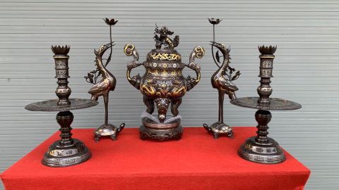 Bộ Ngũ Sự Bằng Đồng Đỏ Khảm Tam Khí Song Long Chầu Nguyệt Cao 60 Cm