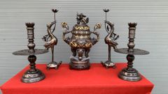 Bộ Ngũ Sự Bằng Đồng Đỏ Khảm Tam Khí Song Long Chầu Nguyệt Cao 60 Cm
