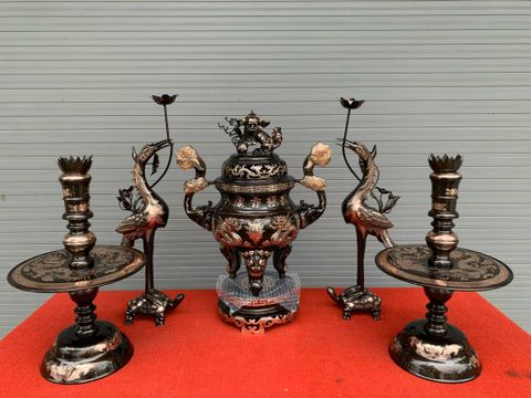 Bộ Đỉnh Đồng Ngũ Sự Đồng Đỏ Phớt Nỉ Nguyên Khối Song Long Chầu Nguyệt Cao 60 Cm