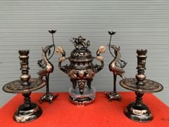 Bộ Đỉnh Đồng Ngũ Sự Đồng Đỏ Phớt Nỉ Nguyên Khối Song Long Chầu Nguyệt Cao 60 Cm