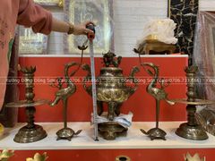 Bộ Ngũ Sự Bằng Đồng Đỏ Khảm Tam Khí Vàng Song Long Chầu Nguyệt Cao 60 Cm