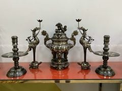 Bộ Đỉnh Đồng Ngũ Sự Đồng Đỏ Khảm Ngũ Sắc Song Long Chầu Nguyệt Cao 50 Cm