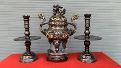 Bộ Ngũ Sự Bằng Đồng Đỏ Khảm Tam Khí Song Long Chầu Nguyệt Cao 60 Cm