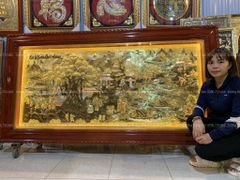 Tranh Đồng Quê Cội Nguồn Quê Hương Nền Vàng Cạo Xước Kích Thước 230*120Cm