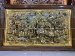 Tranh Đồng Vinh Quy Bái Tổ Kích Thước 255*155 Cm Nền Vàng Cạo Xước khung trơn