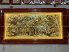 Tranh Đồng Vinh Quy Bái Tổ Kích Thước 170*90 Cm Nền Vàng Cạo Xước khung trơn