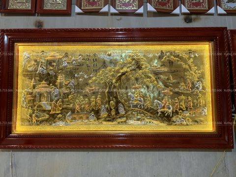 Tranh Đồng Vinh Quy Bái Tổ Kích Thước 230*120 Cm Nền Vàng Cạo Xước khung trơn