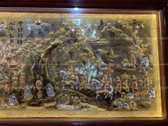 Tranh Đồng Vinh Quy Bái Tổ Kích Thước 170*90 Cm Nền Vàng Cạo Xước khung trơn