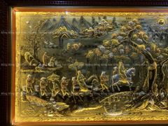 Tranh Đồng Vinh Quy Bái Tổ Kích Thước 197*107 Cm Nền Vàng Cạo Xước