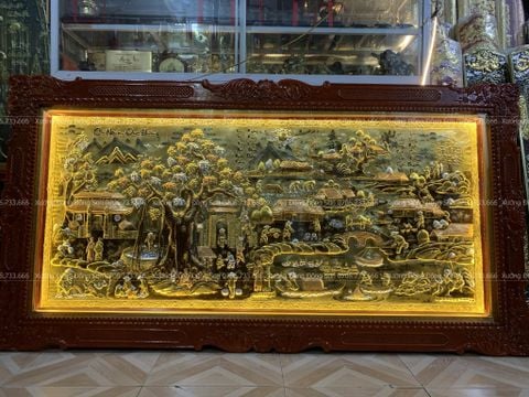Tranh Đồng Quê Cội Nguồn Quê Hương Nền Vàng Cạo Xước- khung Hoa Tây- KT 230-120