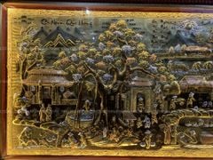 Tranh Đồng Quê Cội Nguồn Quê Hương Nền Vàng Cạo Xước- khung Hoa Tây- KT 230-120