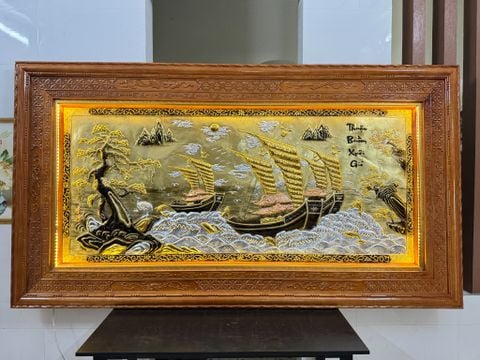 Tranh Thuận Buồm Xuôi Gió 3 Con Thuyền Kích Thước 243 x 133 - Khung Đục Triện Hoa Văn