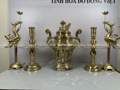 Bộ Đỉnh Đồng Ngũ Sự Đồng Cát Tút Hoa Sòi Nến Trơn Cao 50 Cm