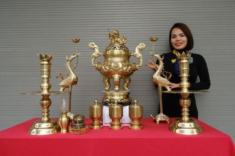 Bộ Ngũ Sự Bằng Đồng Cát Tút Song Long Chầu Nguyệt Cao 60 Cm + Bộ Ba Đài Catut