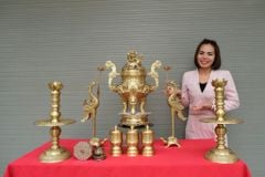 Bộ Ngũ Sự Bằng Đồng Vàng Song Long Chầu Nguyệt Cao 60 Cm+ Ba Đài