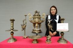 Bộ Ngũ Sự Bằng Đồng Vàng Song Long Chầu Nguyệt Màu Hai Công Nghệ Cao 60 Cm+ Mâm 30