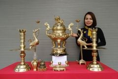 Bộ Ngũ Sự Bằng Đồng Cát Tút Song Long Chầu Nguyệt Cao 60 Cm +Bộ Ngai Chén Nhỏ