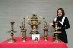 Bộ Đỉnh Đồng Ngũ Sự Đồng Vàng Song Long Chầu Nguyệt Màu Hai Công Nghệ Cao 60 Cm+  Ống Hương 29