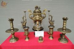 Bộ Đỉnh Đồng Ngũ Sự Đồng Vàng Song Long Chầu Nguyệt Màu Hai Công Nghệ Cao 60 Cm+  Ống Hương 29