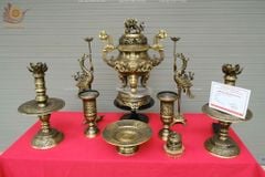 Bộ Ngũ Sự Bằng Đồng Vàng Song Long Chầu Nguyệt Màu Hai Công Nghệ Cao 60 Cm+  Ống Hương 29+ Mâm 30
