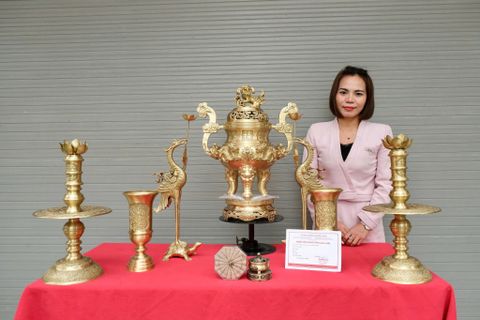 Bộ Ngũ Sự Bằng Đồng Vàng Song Long Chầu Nguyệt Cao 60 Cm+ Ống Hương 29cm