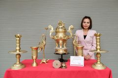 Bộ Ngũ Sự Bằng Đồng Vàng Song Long Chầu Nguyệt Cao 60 Cm+ Ống Hương 29cm