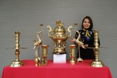 Bộ Đỉnh Đồng Ngũ Sự Đồng Cát Tút Song Long Chầu Nguyệt Cao 60 Cm + Ống Hương 29 Catut