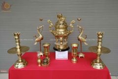 Bộ Đỉnh Đồng Ngũ Sự Đồng Cát Tút Song Long Chầu Nguyệt Cao 60 Cm + Ống Hương 29 Catut