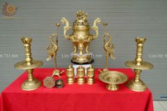 Bộ Ngũ Sự Bằng Đồng Vàng Song Long Chầu Nguyệt Cao 60 Cm+ Ba Đài + Mâm