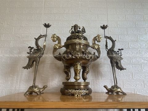 Bộ Tam Sự Hạc Bằng Đồng Vàng Song Long Chầu Nguyệt Màu Hai Công Nghệ Cao 60 Cm