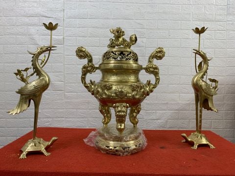 Bộ Tam Sự Hạc Bằng Đồng Cát Tút Song Long Chầu Nguyệt Cao 50 Cm