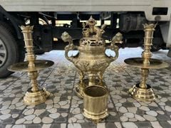 Bộ Tam Sự Nến Bằng Đồng Cát Tút Song Long Chầu Nguyệt Cao 60 Cm