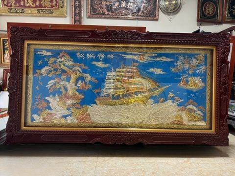 Tranh Đồng Thuận Buồm Xuôi Gió Nền Xanh Dát Tam Khí - KT 230-120