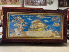 Tranh Đồng Thuận Buồm Xuôi Gió Nền Xanh Dát Tam Khí - KT 230-120