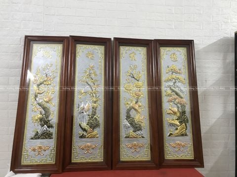 Tranh Tứ Quý Bằng Đồng Nền Xám Kích Thước 120*40 Cm