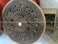 Tranh Trống Đồng Ngũ Phúc Mặt Đúc Dát Vàng Khung Gỗ Hương Đỏ Kích Thước 100*100 Cm