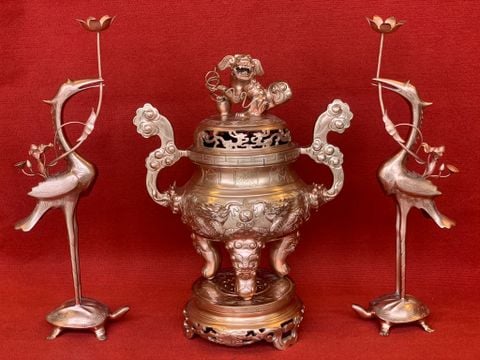 Bộ Tam Sự Hạc Bằng Đồng Đỏ Song Long Chầu Nguyệt Cao 50 Cm