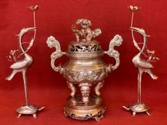 Bộ Tam Sự Hạc Bằng Đồng Đỏ Song Long Chầu Nguyệt Cao 50 Cm