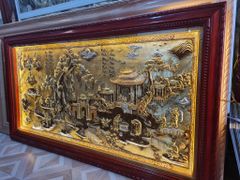 Tranh Đồng Quê Nền Vàng Cạo Xước Khung Trơn Kích Thước 230*120 Cm